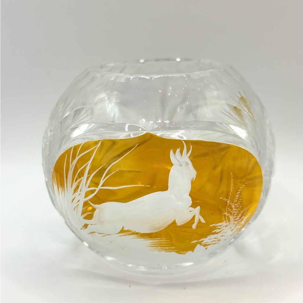 Vintage Bohemian Crystal Clear Amber Deer Edged Glass Small Bowl Vase 3.5β